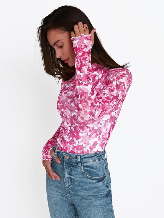 Dealmore Lace Sheer Long Sleeve Floral Mesh Mockneck Trendy Cute Going Out Tops for Women Fall Fashion Outfits 2025 Clothes