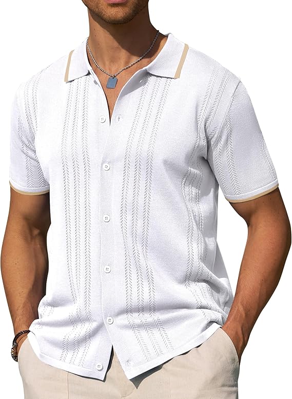 Alimens & Gentle Mens Shirts Casual Button Down Shirts Beach Vintage Knit Short Sleeve Polo Shirt for Men