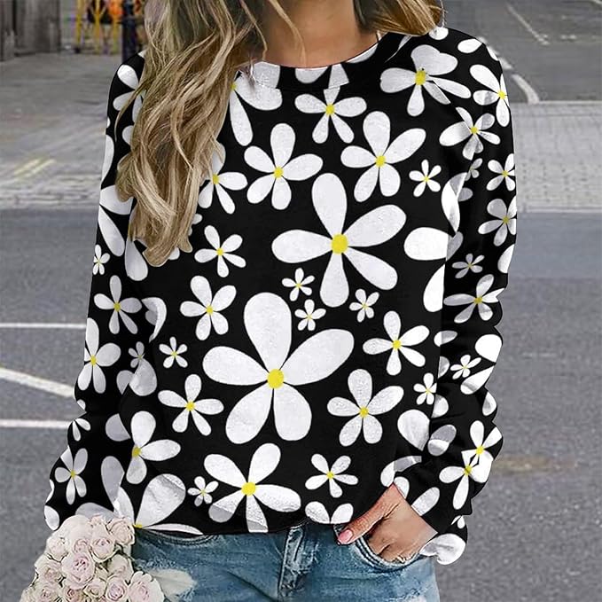 ZOCAVIA Womens Boho Floral Sweatshirts Novelty Graphic Crewneck Long Sleeve Shirts Oversized Fall Casual Flower Pullover Tops