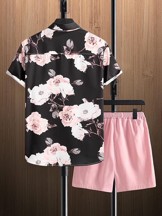 GORGLITTER Men's 2 Piece Vacation Beach Outfits Floral Button Down Shirt and Shorts Cruise Attire Sets