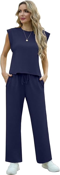 GRECERELLE 2025 Two Piece Sets for Women Summer Round Neck Cap Sleeve Top and Wide Leg Pants with Pockets