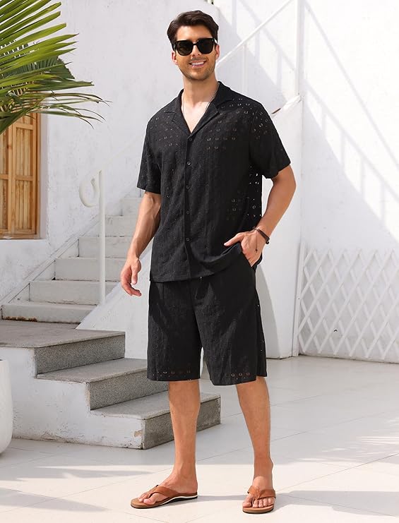ABAFIP Men's Beach Outfits 2 Piece Short Set Summer Short Sleeve Sheer Shirt and Shorts Vacation Clothes
