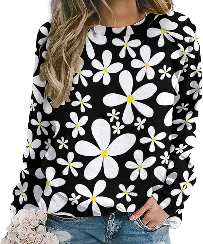 ZOCAVIA Womens Boho Floral Sweatshirts Novelty Graphic Crewneck Long Sleeve Shirts Oversized Fall Casual Flower Pullover Tops
