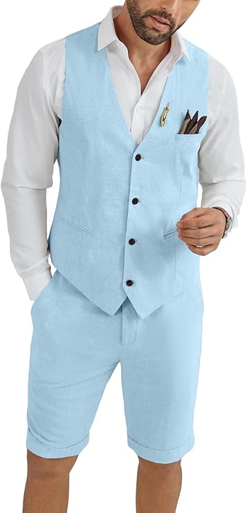 Mens Linen Suit 2 Piece Short Suits for Men Casual Summer Beach Groom Wedding Suit Linen Vest Shorts Set