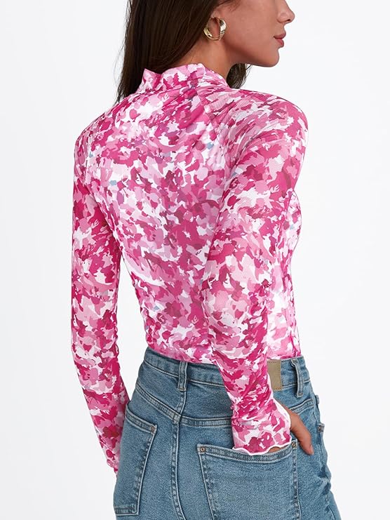 Dealmore Lace Sheer Long Sleeve Floral Mesh Mockneck Trendy Cute Going Out Tops for Women Fall Fashion Outfits 2025 Clothes