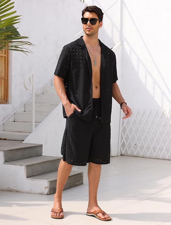 ABAFIP Men's Beach Outfits 2 Piece Short Set Summer Short Sleeve Sheer Shirt and Shorts Vacation Clothes