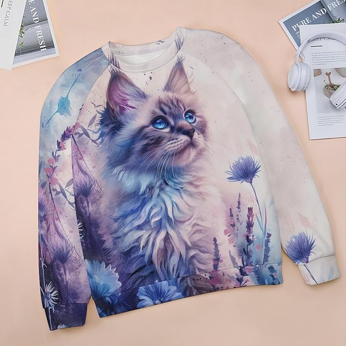 ZOCAVIA Cat Sweatshirts for Women Fall Fashion Casual Crewneck Pullover Tops Butterfly Floral Graphic Y2K Long Sleeve T Shirt