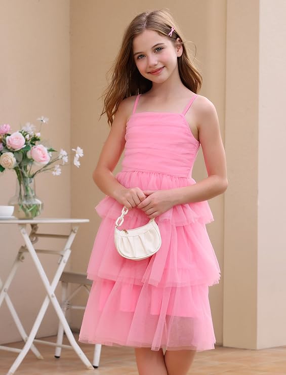 Girl Ruffle Formal Wedding Tiered Tulle Dress Teen Pageant Birthday HOCO School Prom Outfits Junior Graduation Dress