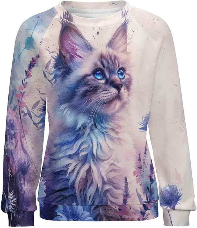 ZOCAVIA Cat Sweatshirts for Women Fall Fashion Casual Crewneck Pullover Tops Butterfly Floral Graphic Y2K Long Sleeve T Shirt