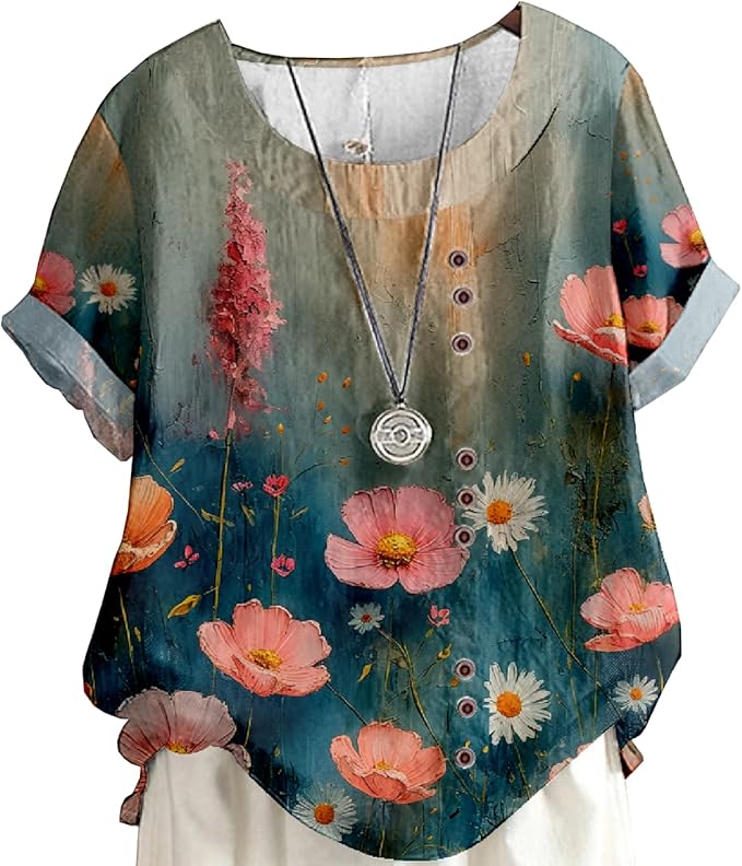 Women's Vintage Linen Tops Short Sleeve Boho Summer Graphic Tees Tunic Shirts Casual Loose Button Blouses