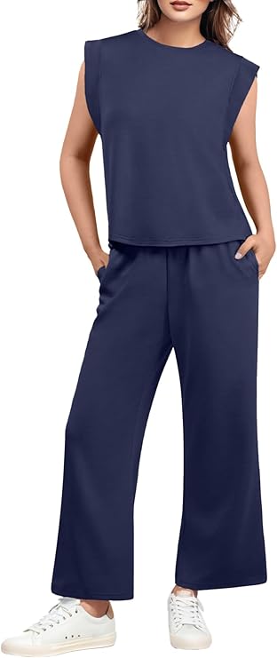 GRECERELLE 2025 Two Piece Sets for Women Summer Round Neck Cap Sleeve Top and Wide Leg Pants with Pockets