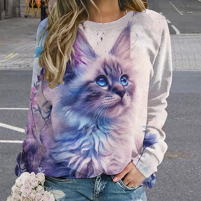 ZOCAVIA Cat Sweatshirts for Women Fall Fashion Casual Crewneck Pullover Tops Butterfly Floral Graphic Y2K Long Sleeve T Shirt
