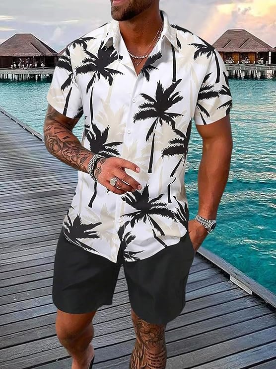 UOUA Men's Beach 2 Piece Outfits Hawaiian Flower Button Down Shirts and Shorts Sets