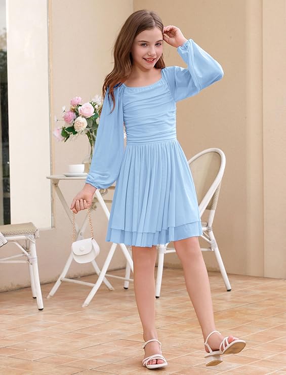 IBAKOM Teen Girl Puff Long Sleeve Square Neck Prom Dress Junior Homecoming Wedding Outfits Tween Fancy Pageant Birthday Dress