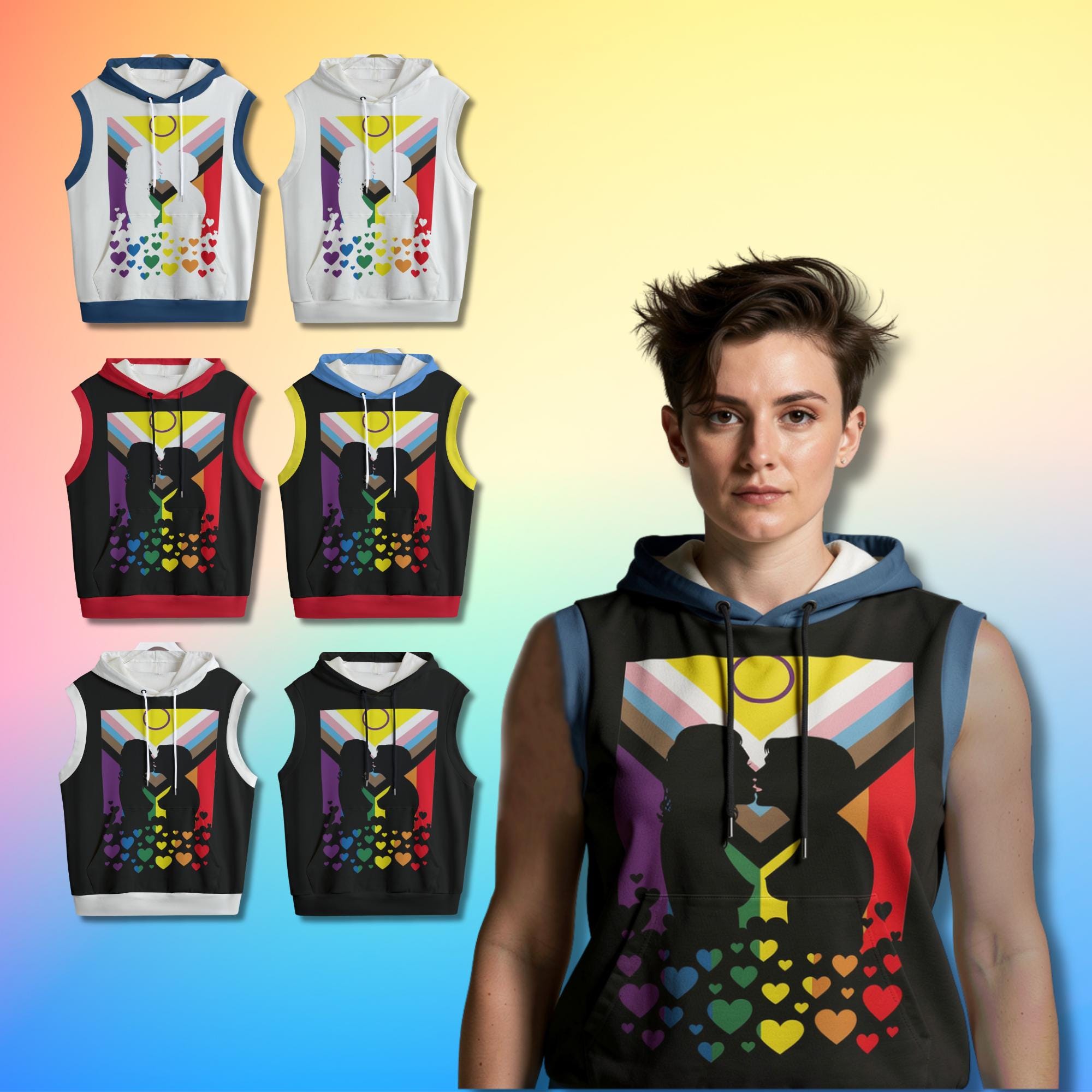 Lesbian Kiss, LGBTQIA+ Pride Progress Flag Sleeveless Hoodie