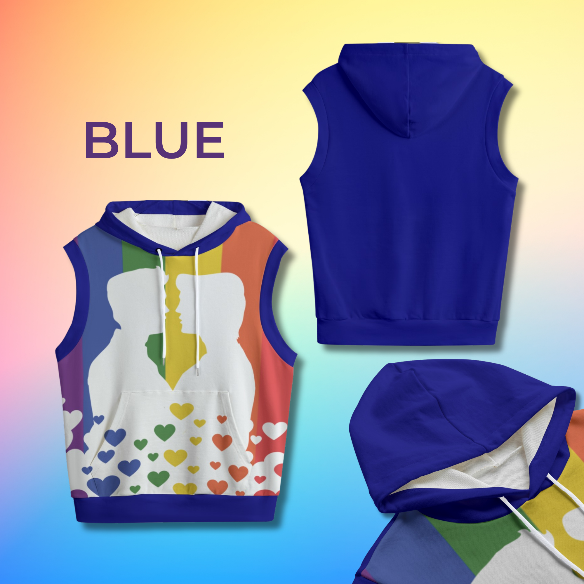 Gay Kiss, LGBTQIA+ Pride Flag Sleeveless Hoodie