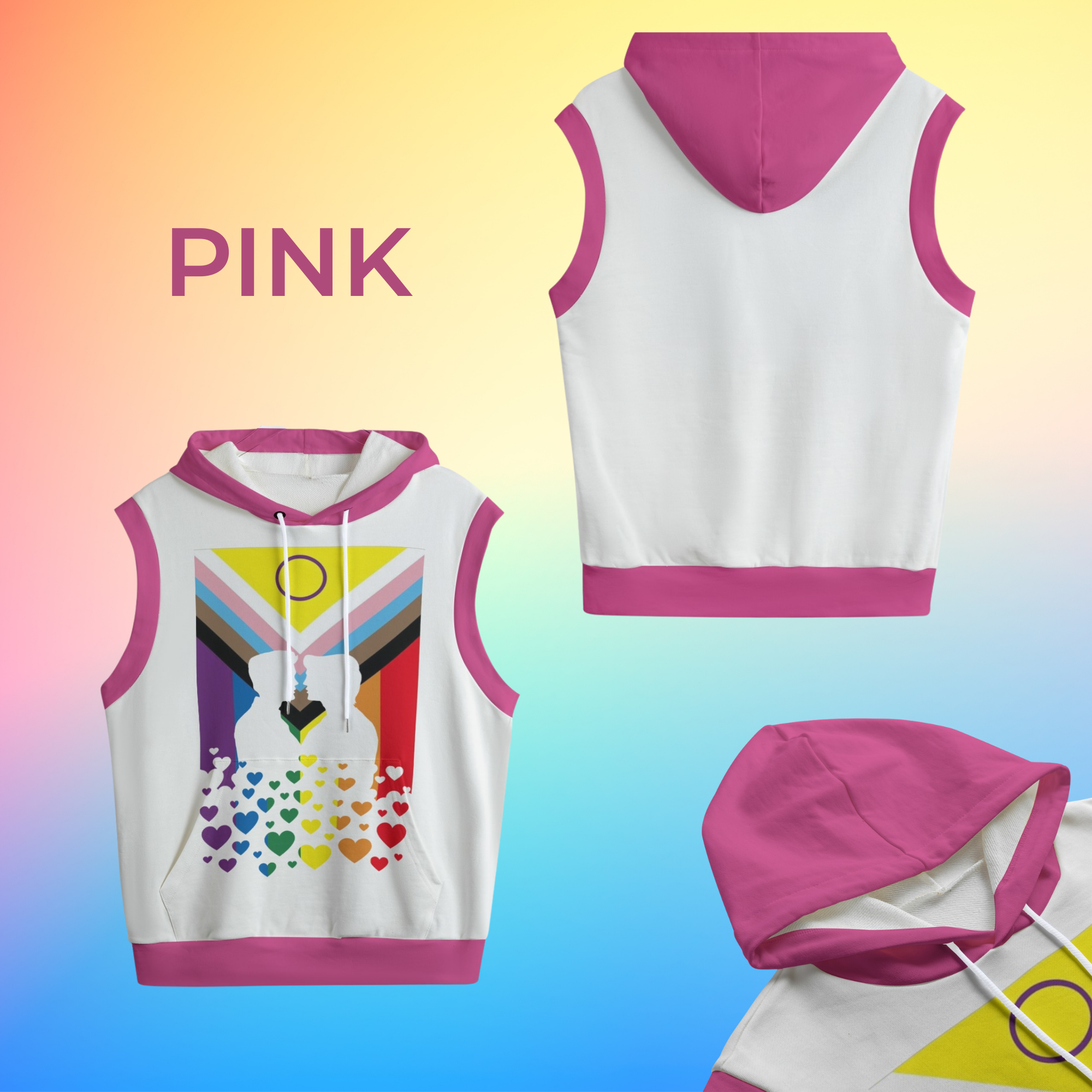 Gay Kiss, Pride Progress Flag Sleeveless Hoodie