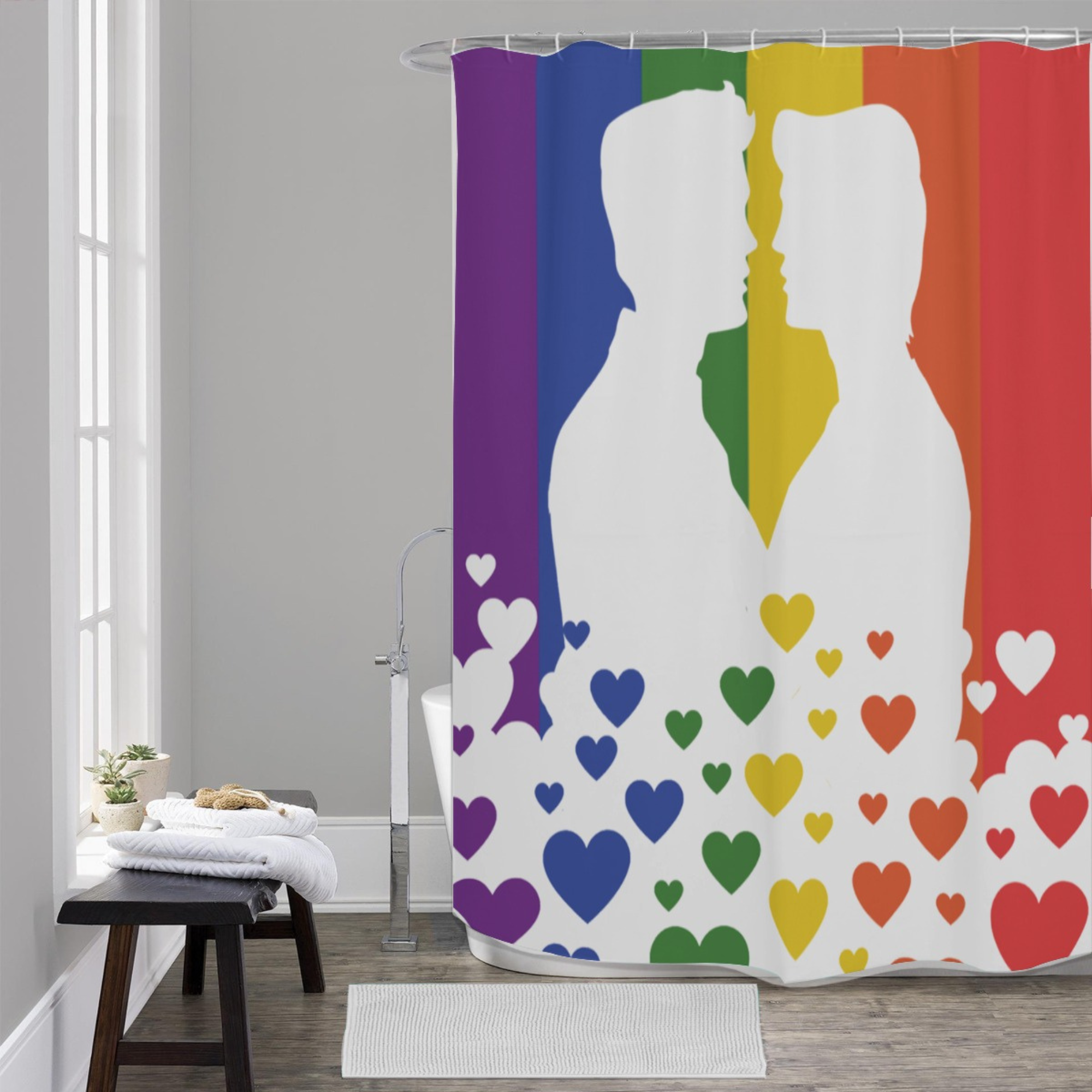Pride flag, gay couple kissing shower curtain