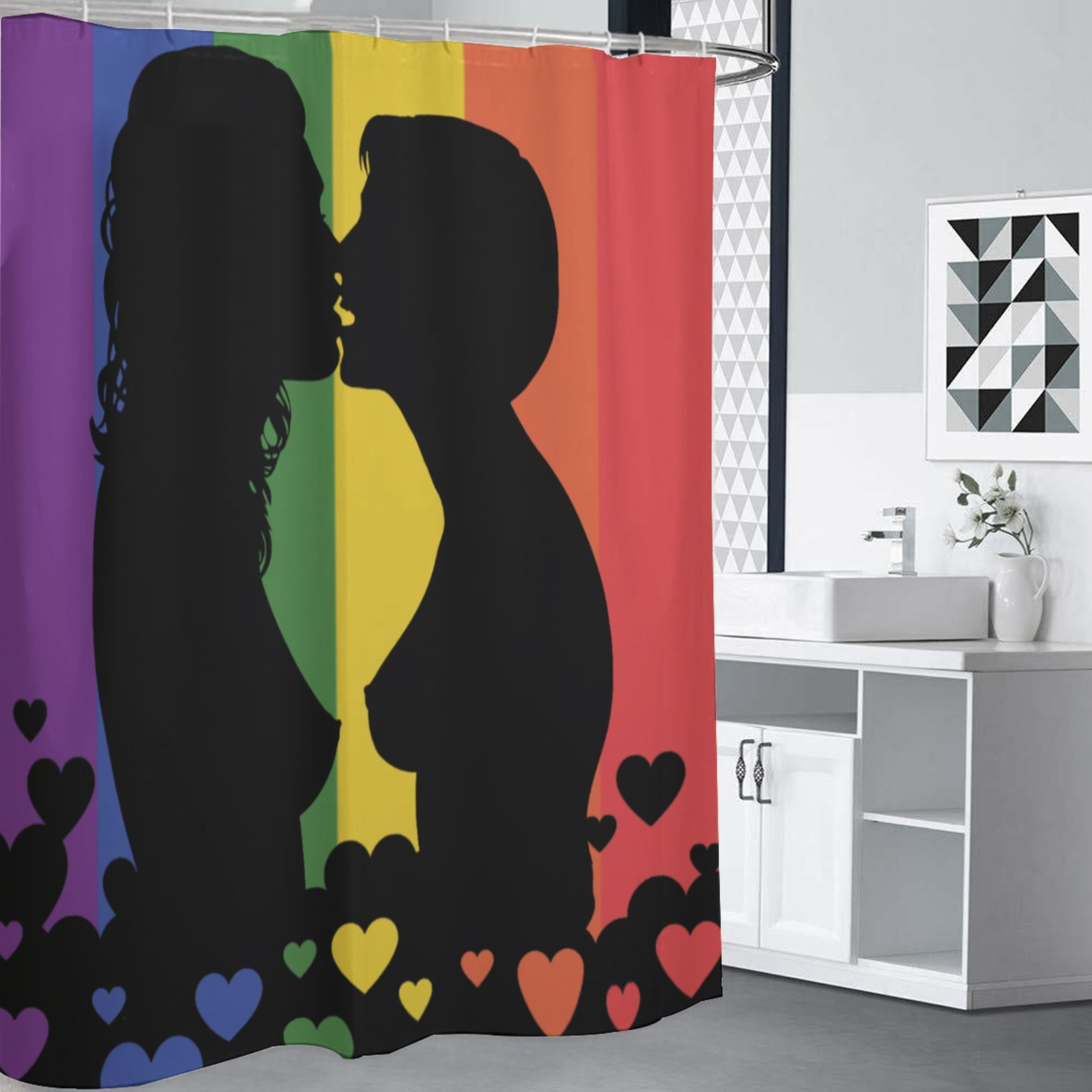 Pride flag, lesbian couple kissing shower curtain