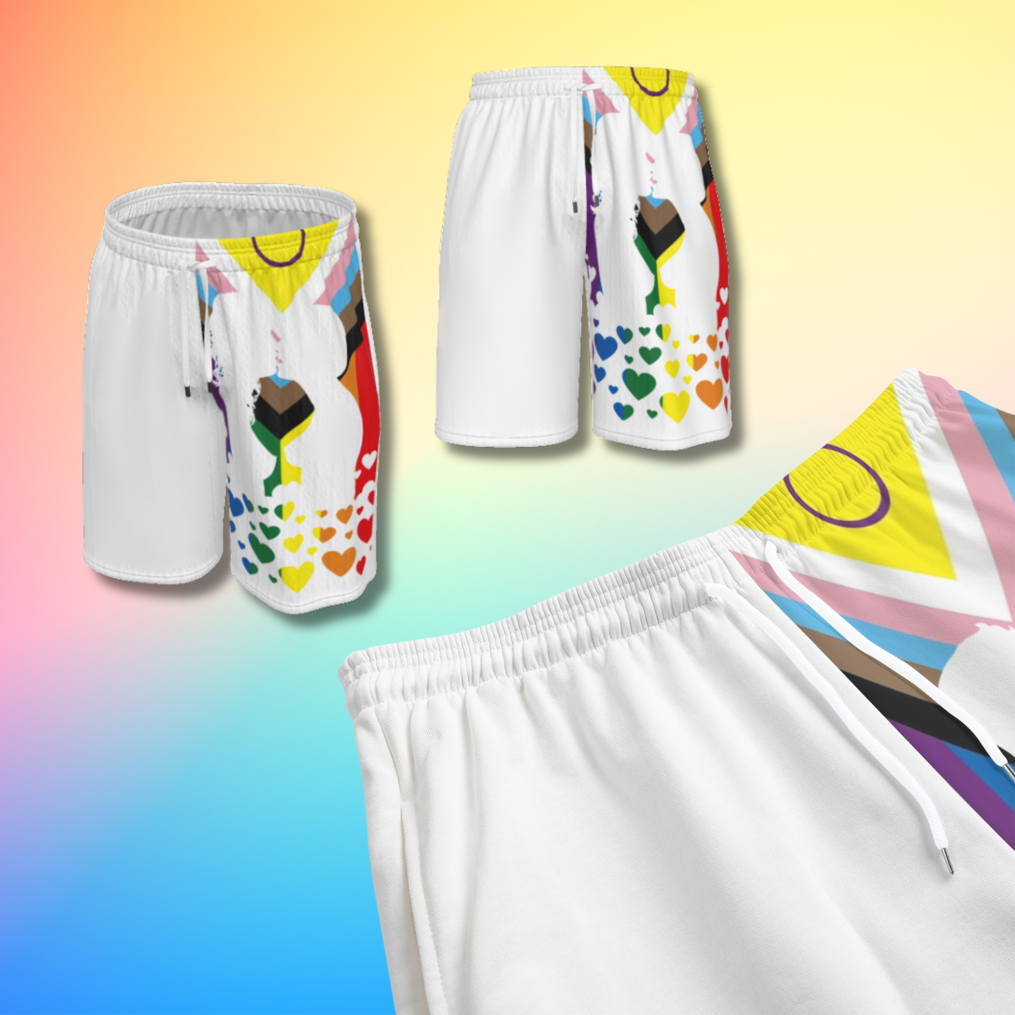 LGBTQIA+ Progress Pride Flag Women's Shorts with lesbian couple kissing silhouette