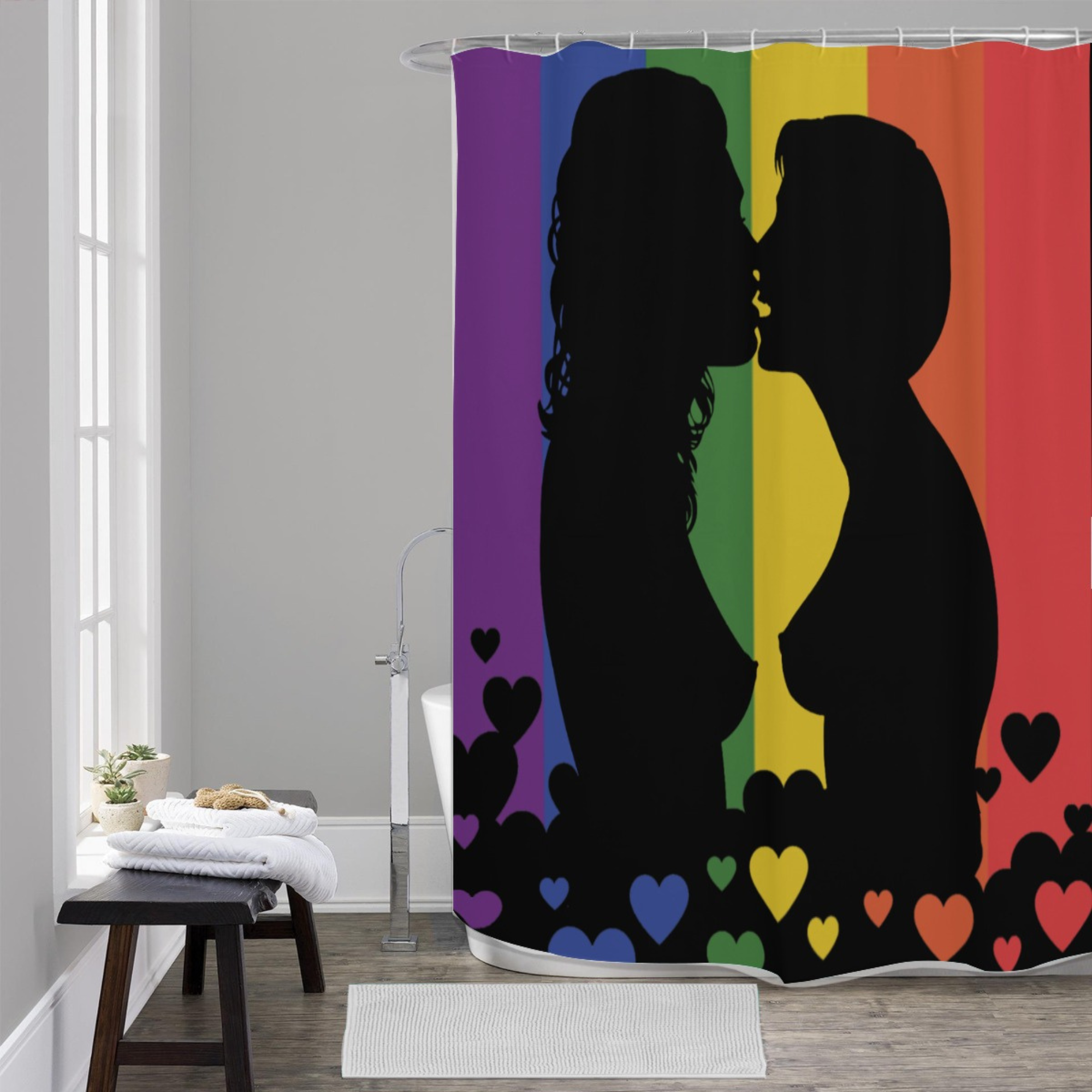 Pride flag, lesbian couple kissing shower curtain