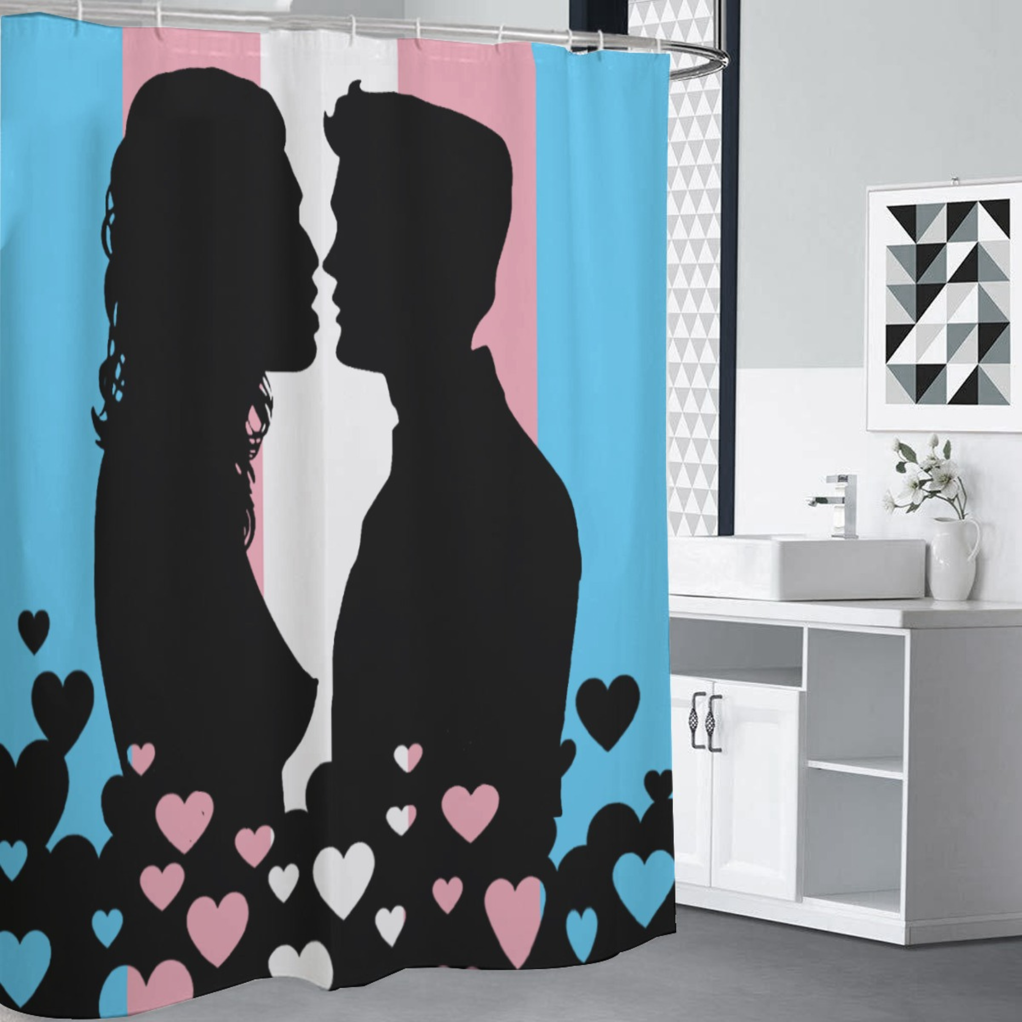 Transgender Pride flag with couple kissing shower curtain