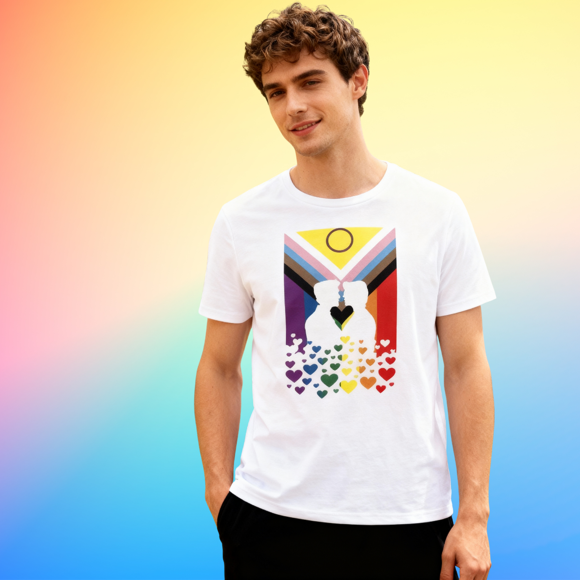 LGBTQIA+ Progress Pride Flag T-Shirt with Gay Couple Kissing
