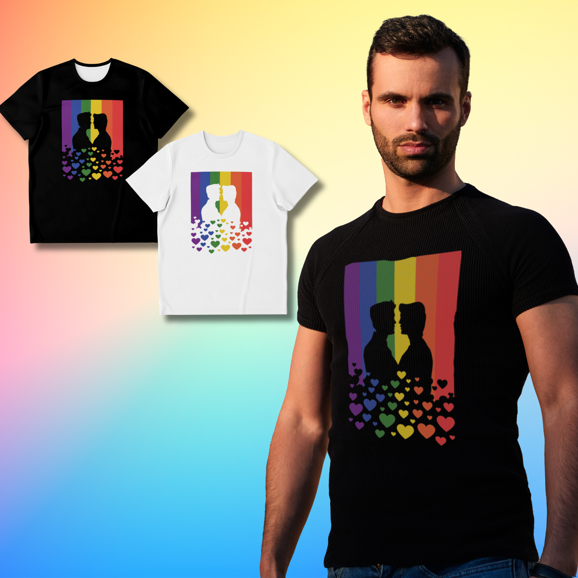 Rainbow Pride Flag T-Shirt with Gay Couple Kissing