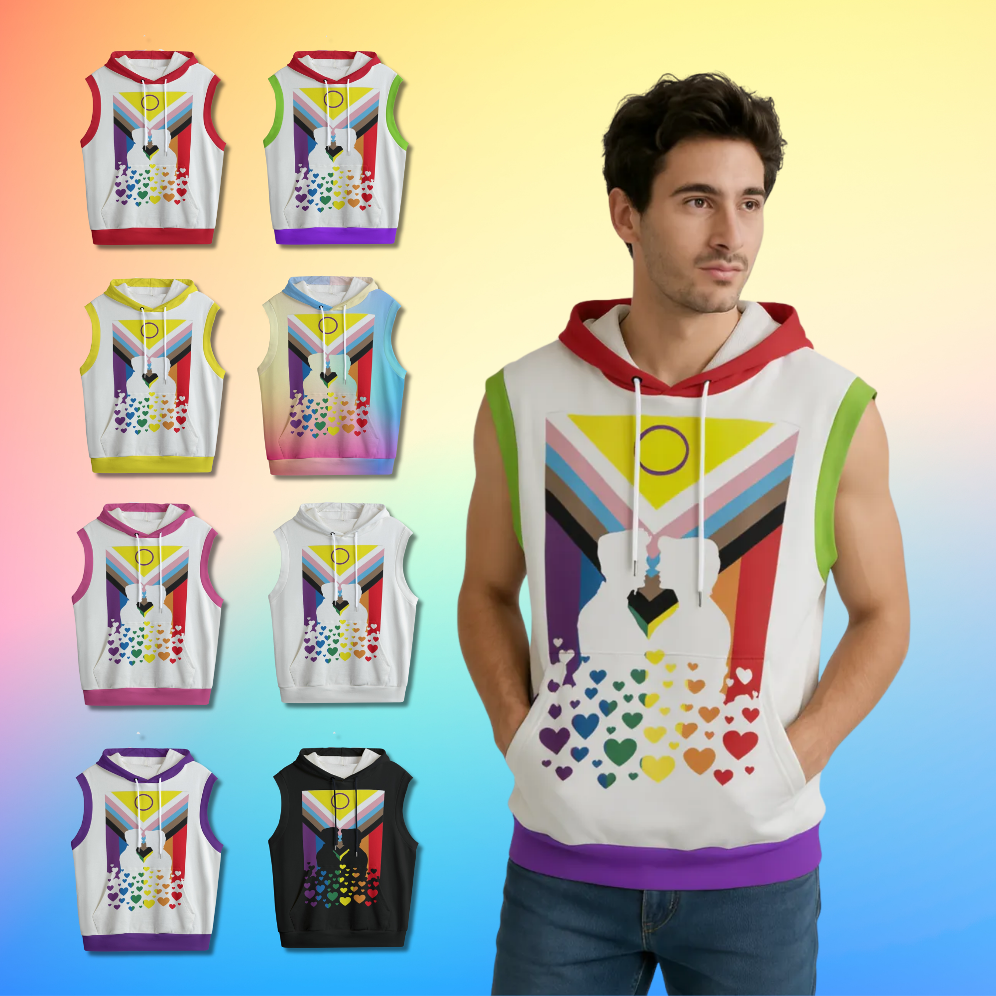 Gay Kiss, Pride Progress Flag Sleeveless Hoodie