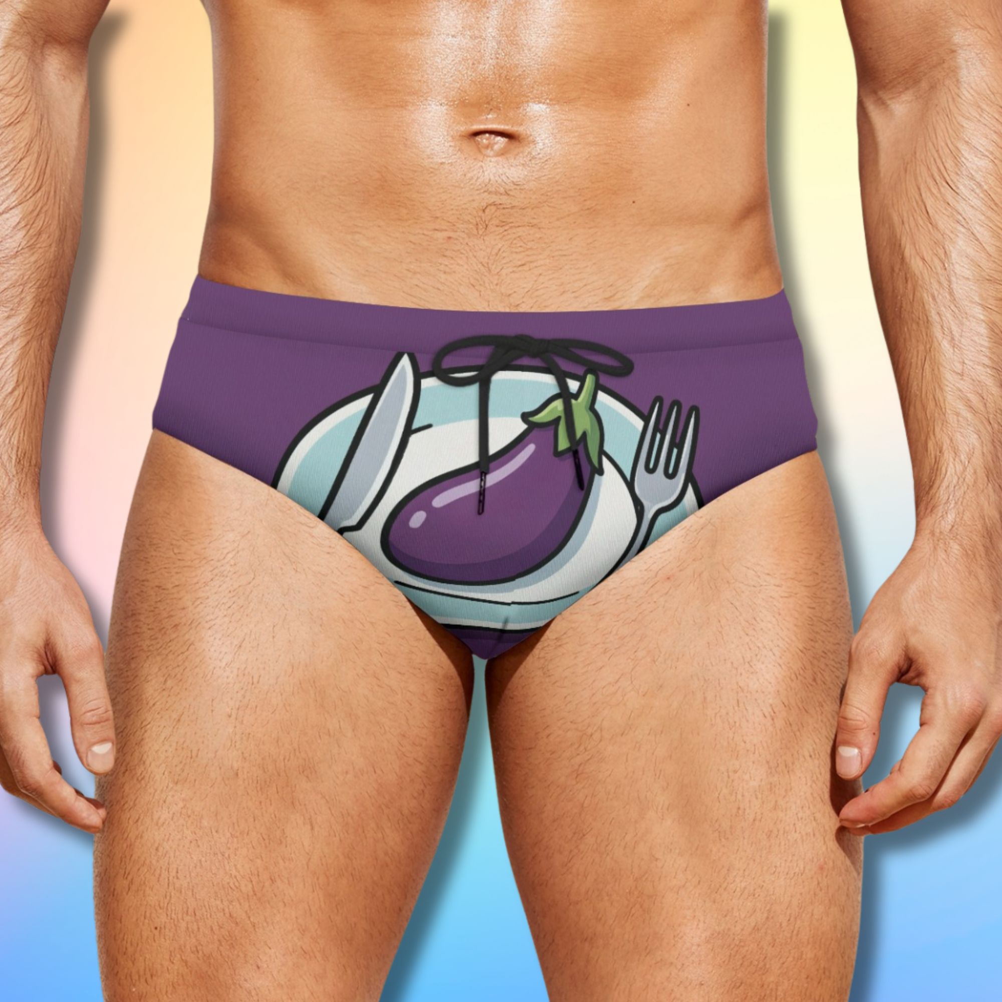 Peach & Eggplant Swim Briefs – Cheeky Graphic Men’s Swimwear