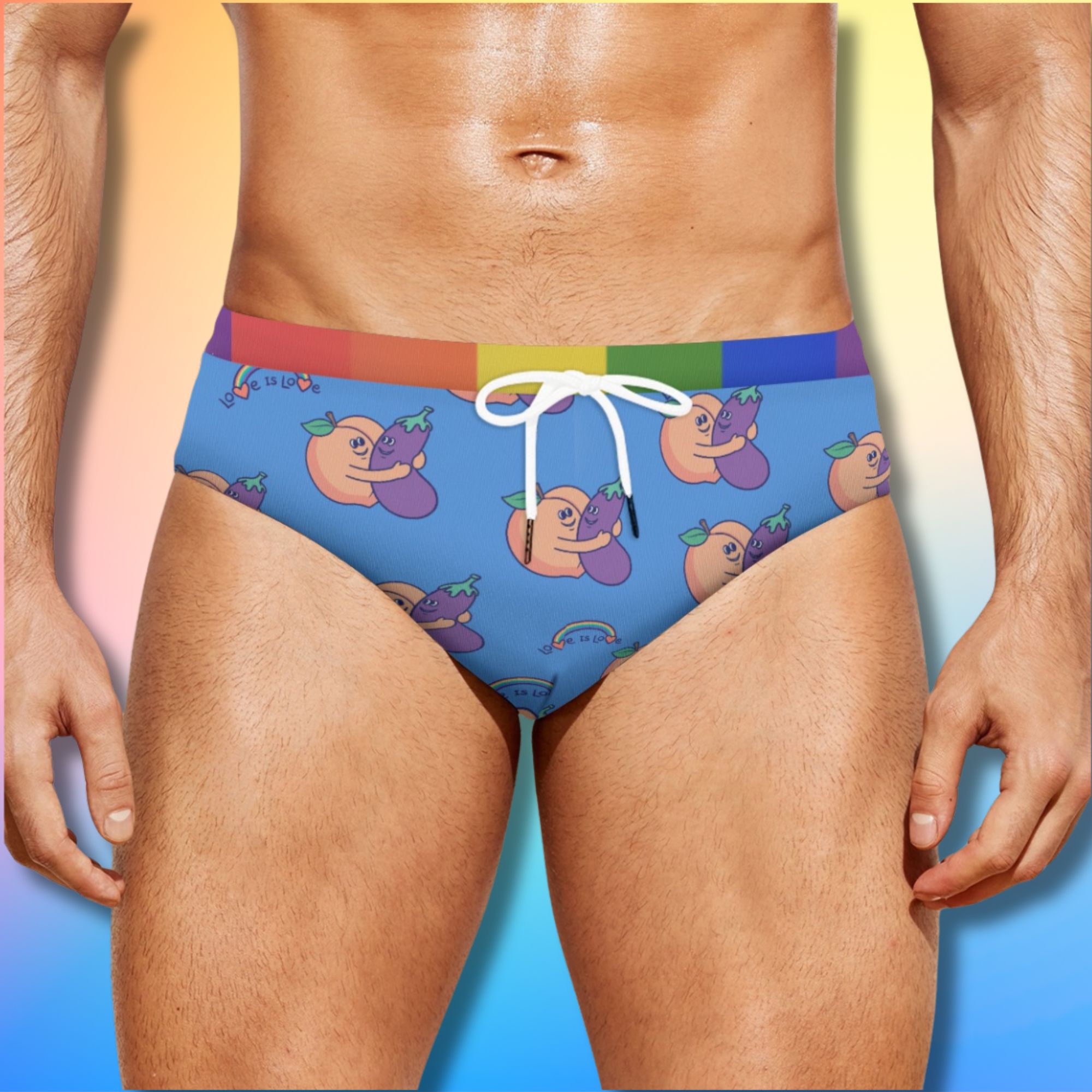 Love Is Love peach and eggplant speedo