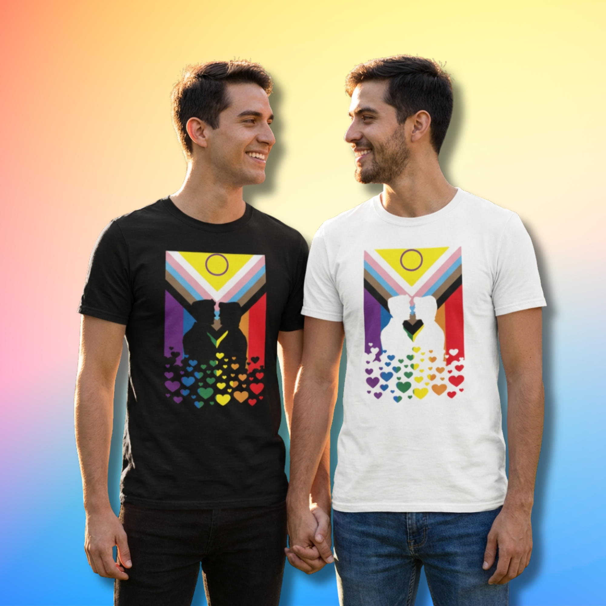 LGBTQIA+ Progress Pride Flag T-Shirt with Gay Couple Kissing