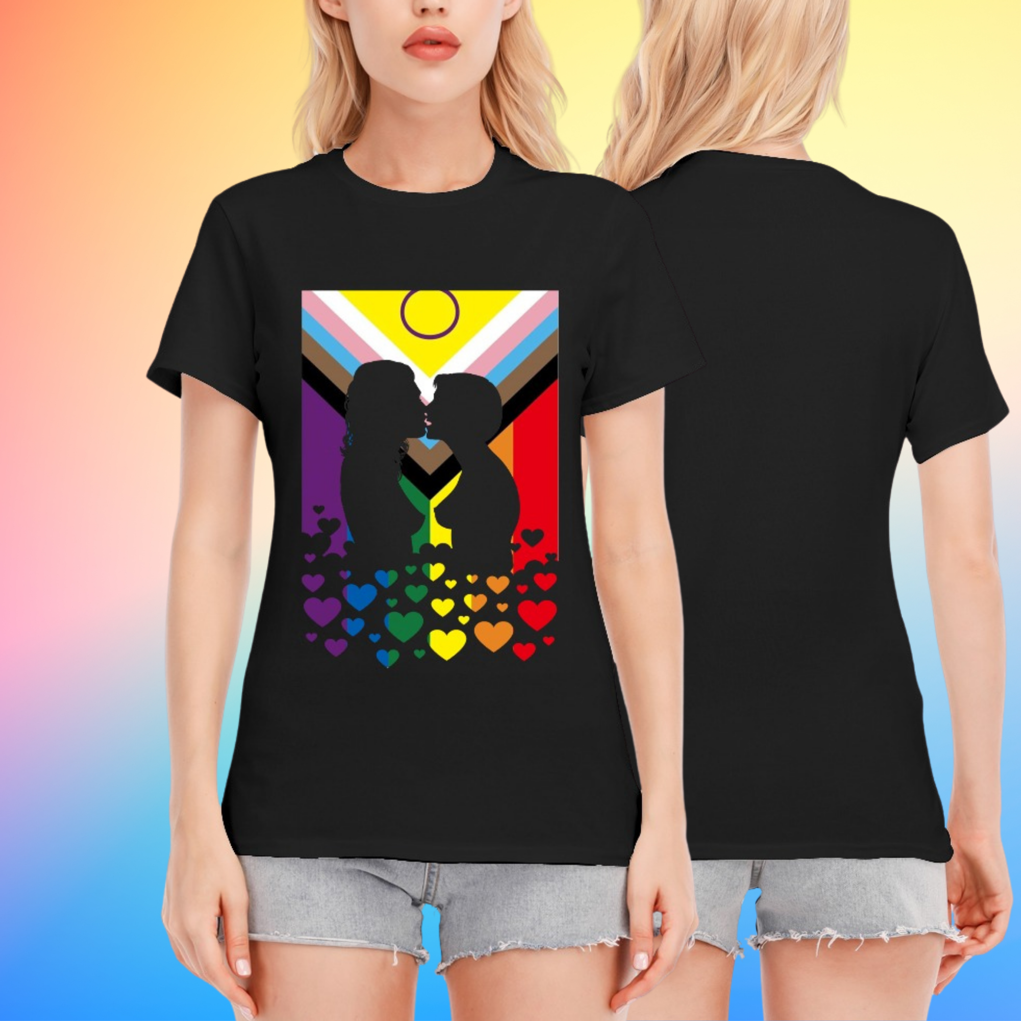 Lesbian Kiss Rainbow or Progress Flag Tee