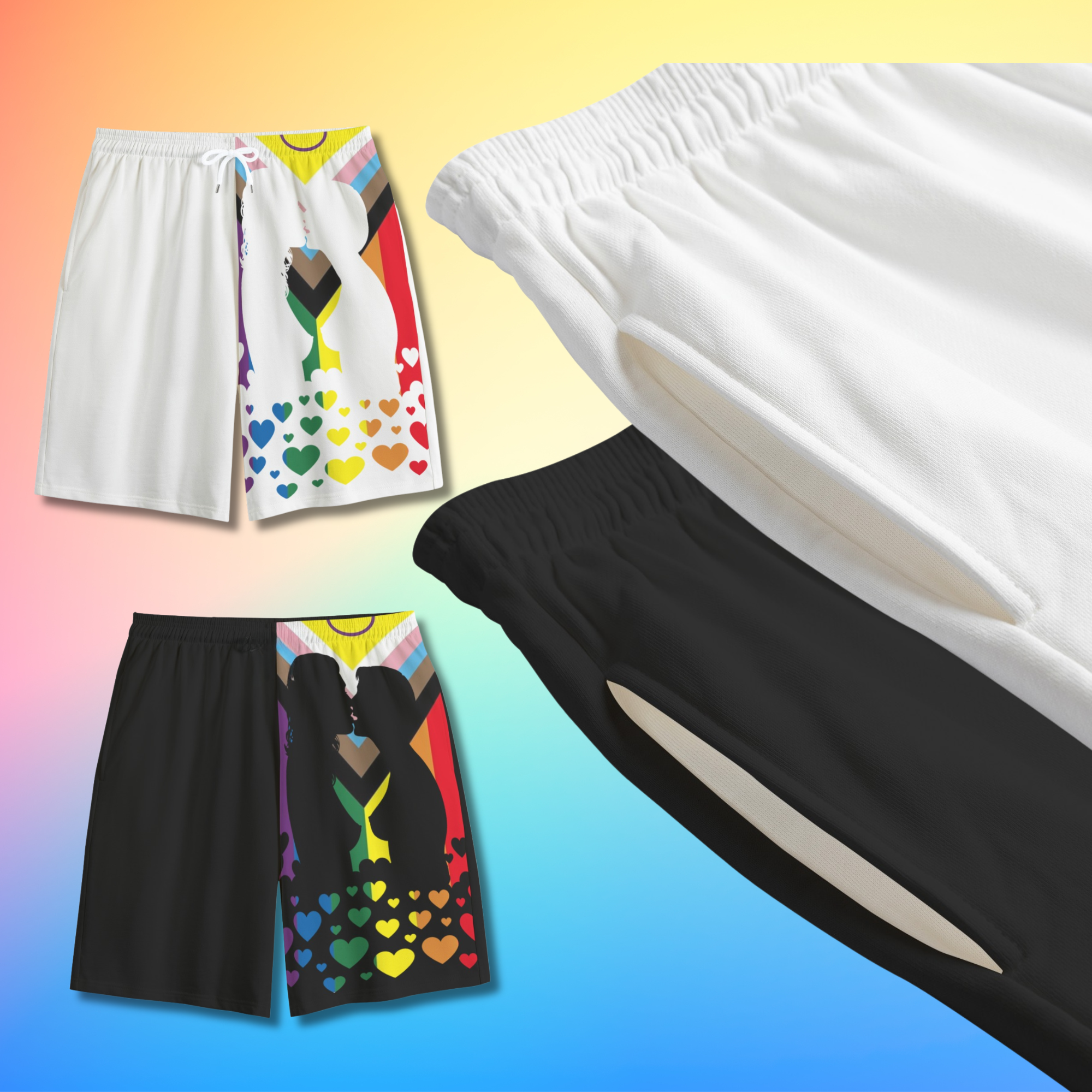 LGBTQIA+ Progress Pride Flag Women's Shorts with lesbian couple kissing silhouette