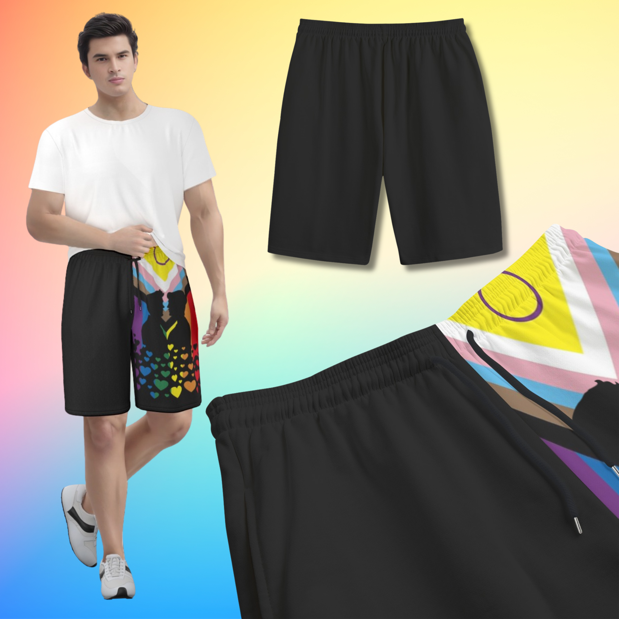 LGBTQIA+ Progress Pride Flag Men’s Shorts with gay couple kissing silhouette