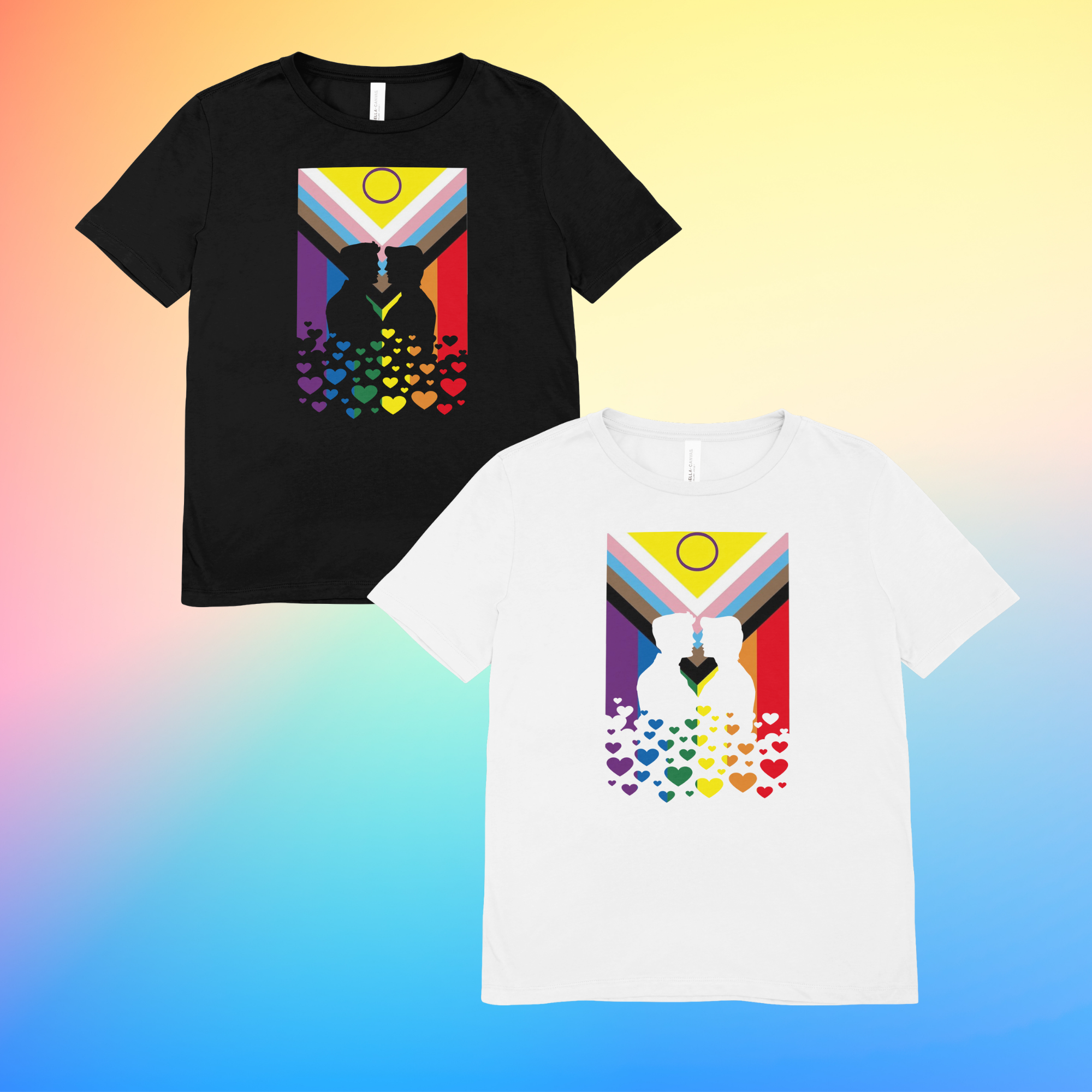 LGBTQIA+ Progress Pride Flag T-Shirt with Gay Couple Kissing