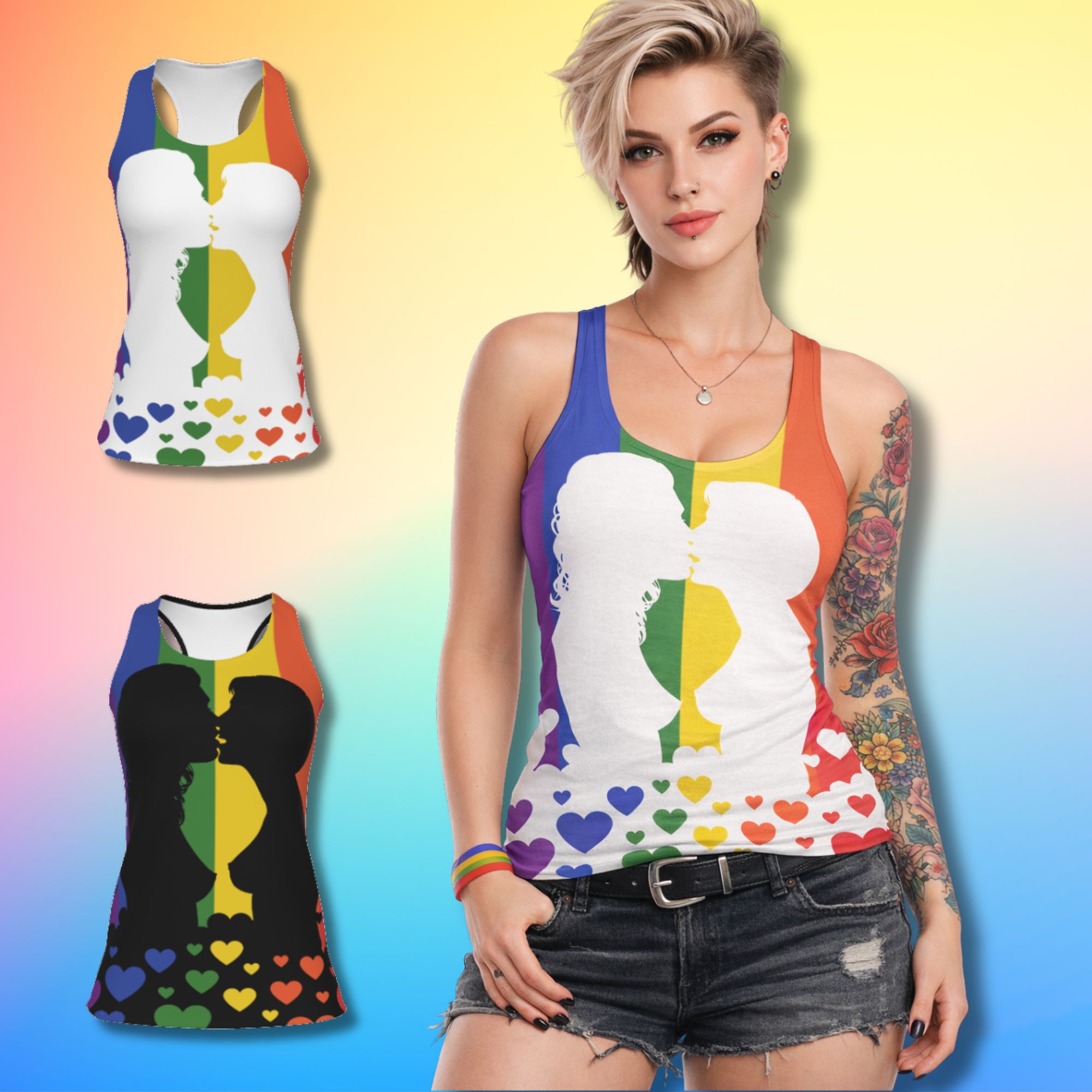 Lesbian Kiss Rainbow Pride Flag Racer Back Tank