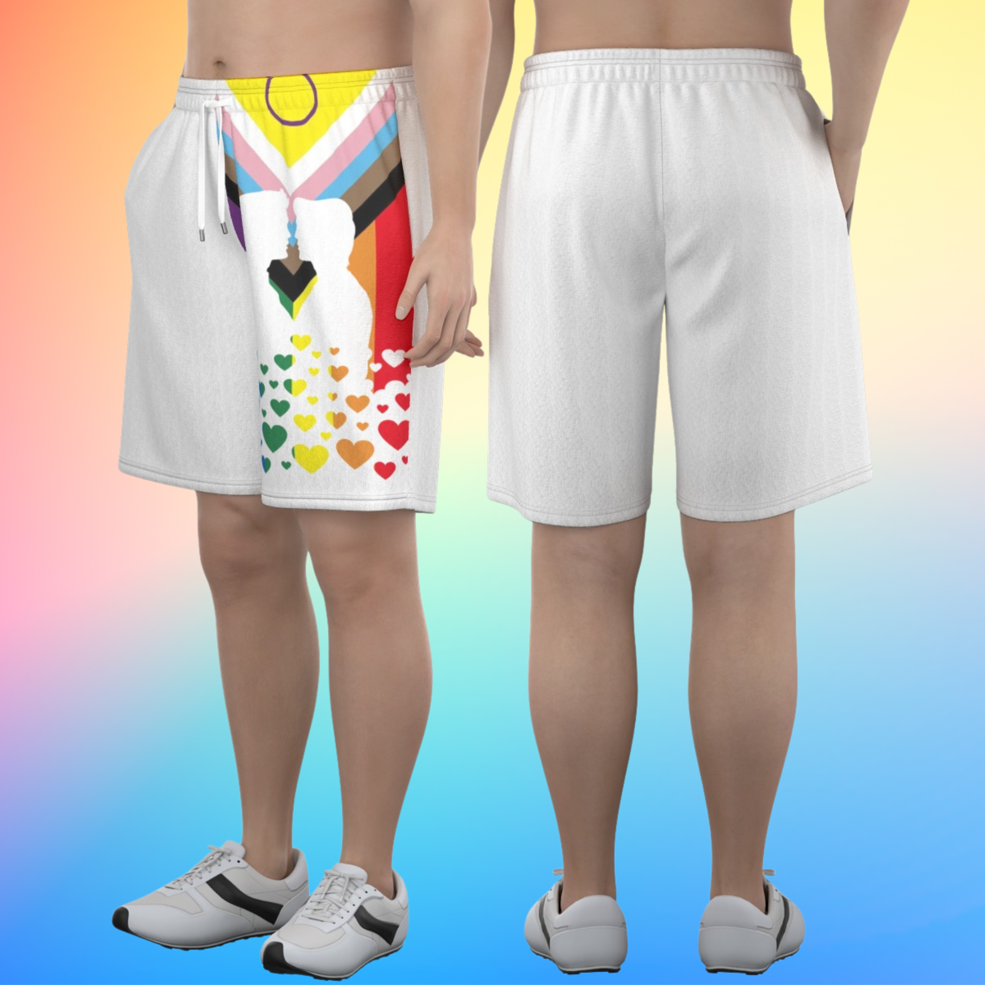 LGBTQIA+ Progress Pride Flag Men’s Shorts with gay couple kissing silhouette