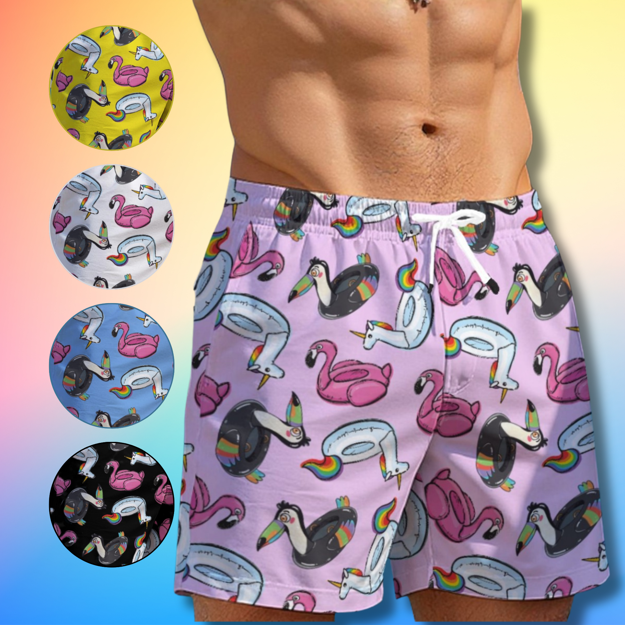 Unicorn, Flamingo, Tucan Pool Floaties Swim Shorts