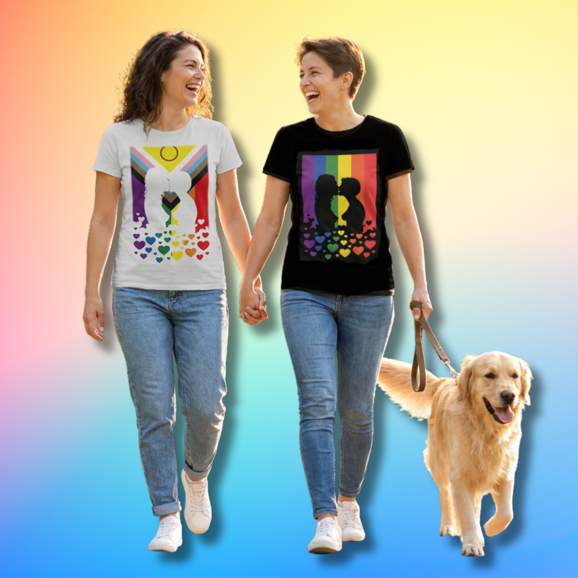 Lesbian Kiss Rainbow or Progress Flag Tee