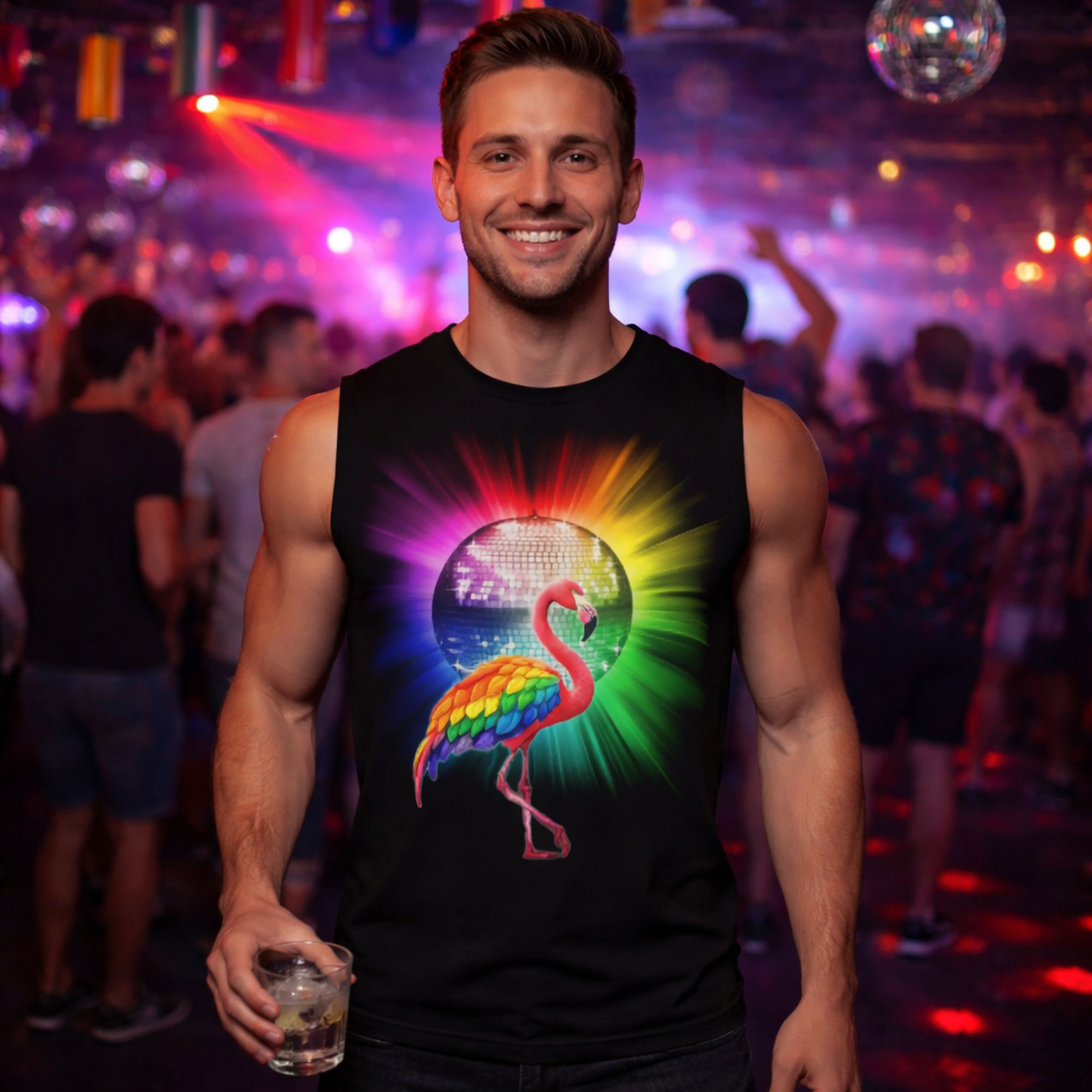 Rainbow Pride Flamingo Mirror Ball Tank Top