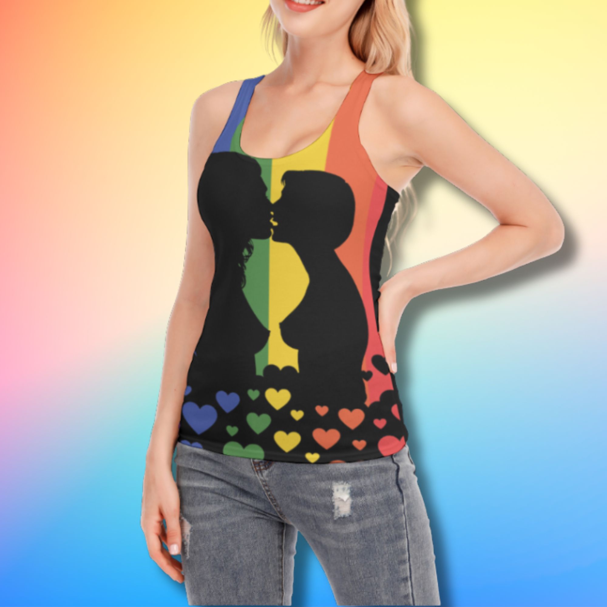 Lesbian Kiss Rainbow Pride Flag Racer Back Tank