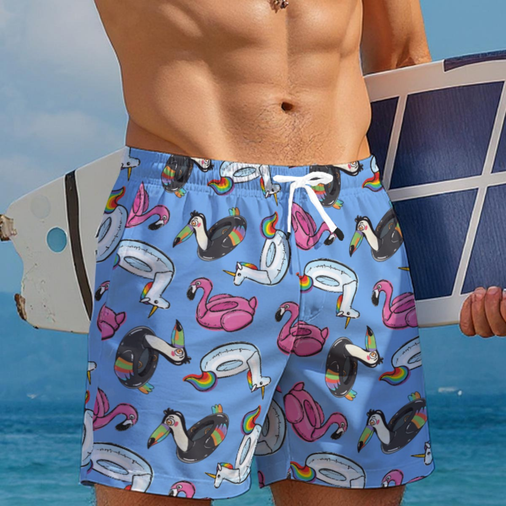 Unicorn, Flamingo, Tucan Pool Floaties Swim Shorts