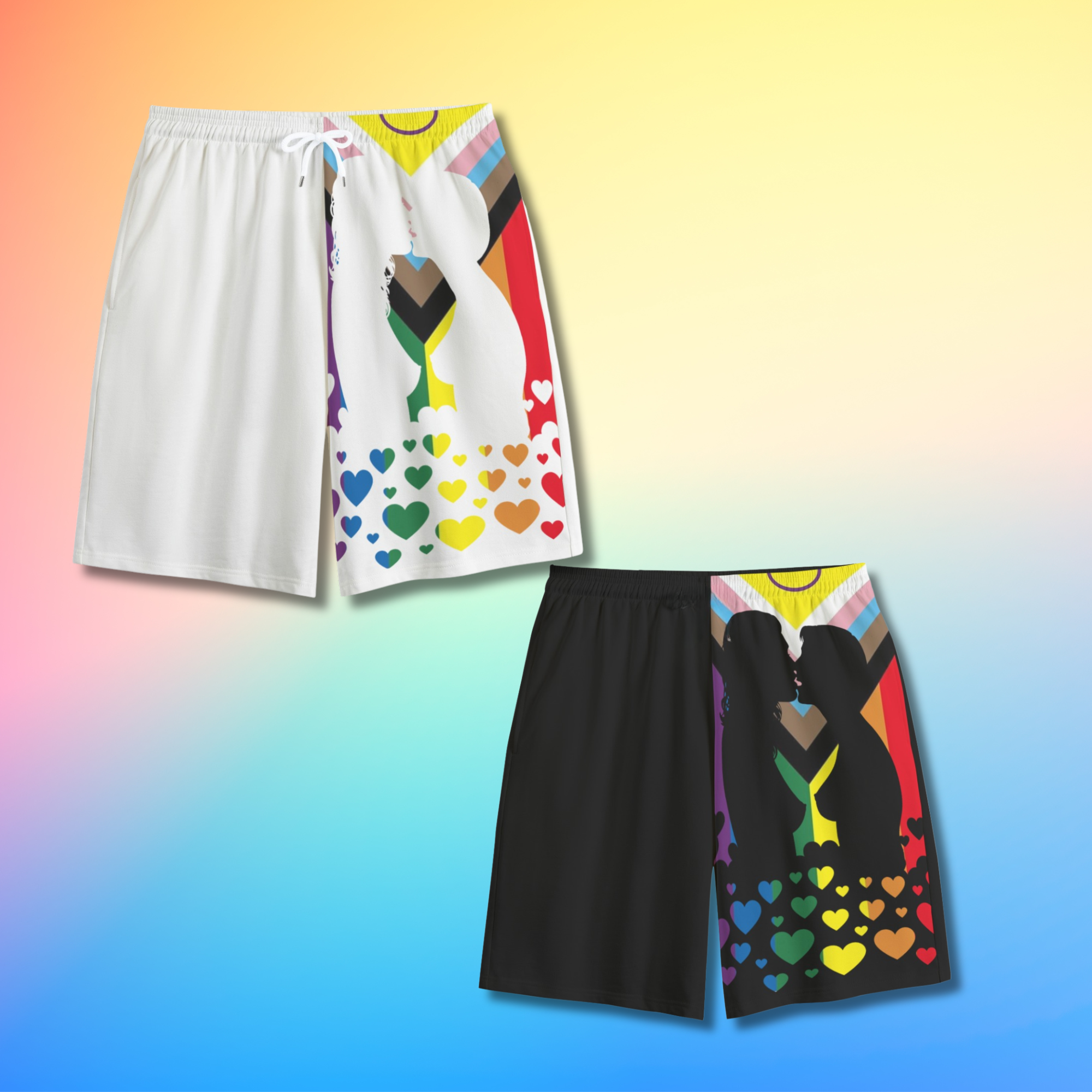 LGBTQIA+ Progress Pride Flag Women's Shorts with lesbian couple kissing silhouette