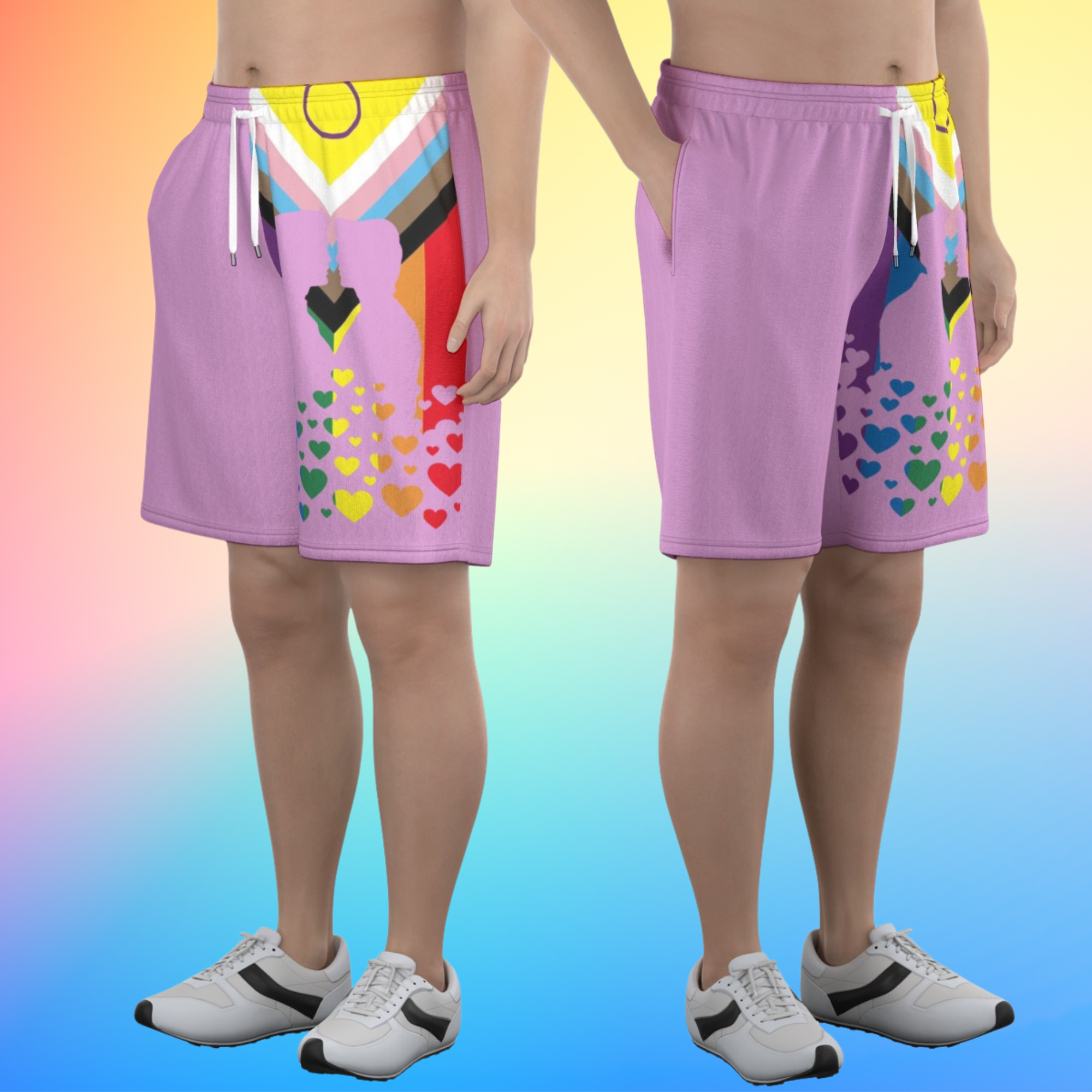 LGBTQIA+ Progress Pride Flag Men’s Shorts with gay couple kissing silhouette
