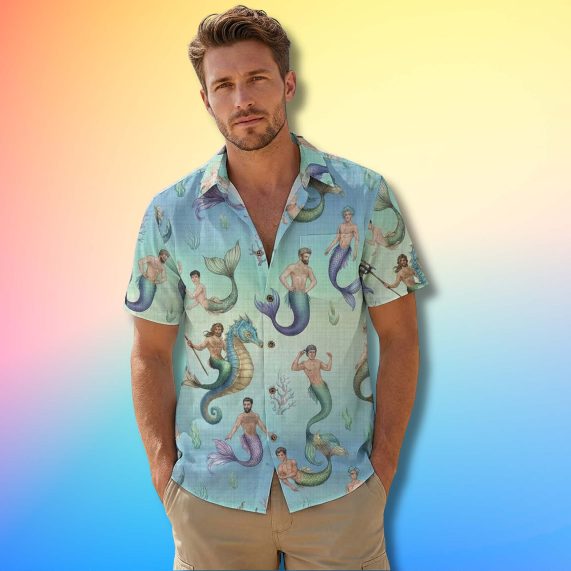 Merman Print Cotton Short Sleeve Shirt 