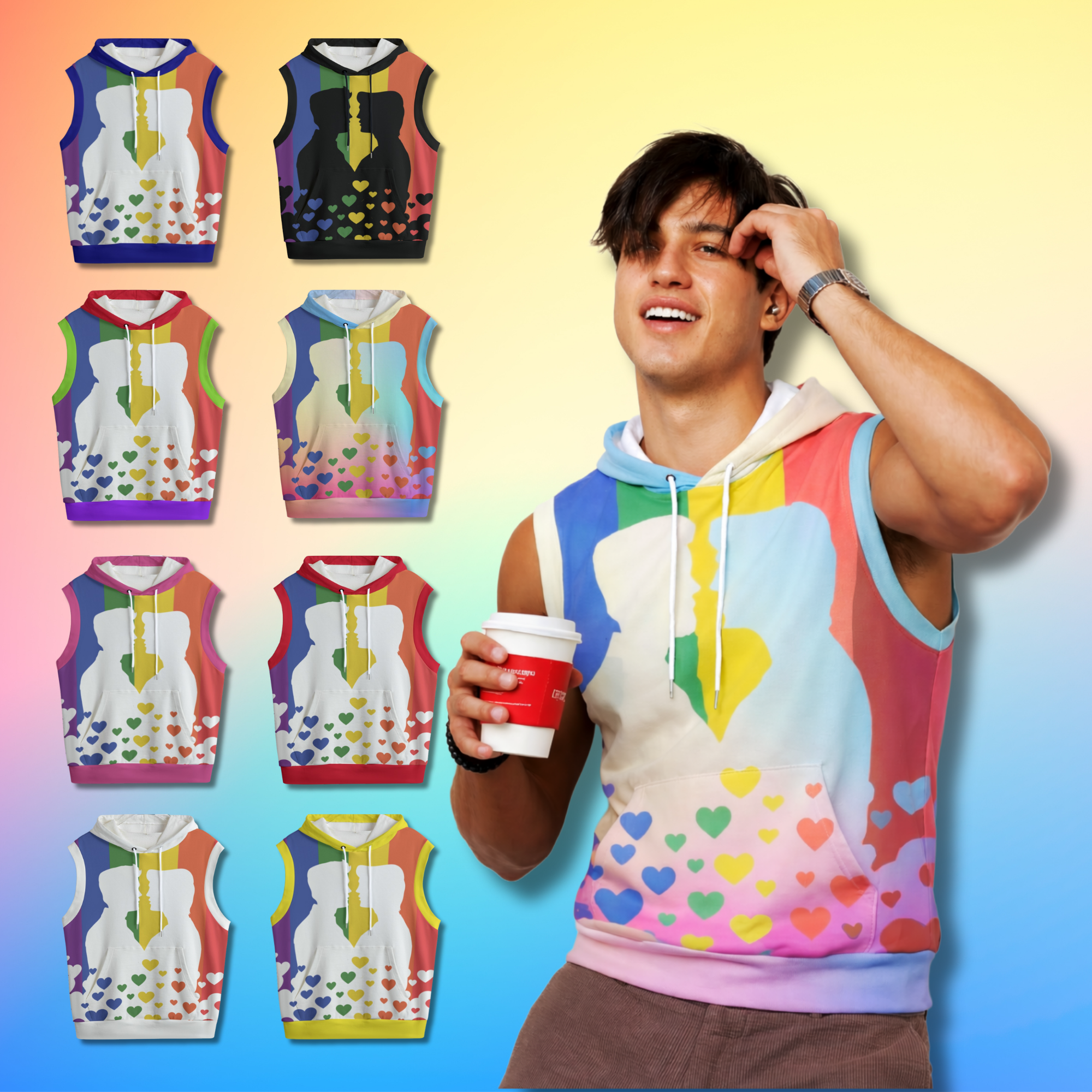 Gay Kiss, LGBTQIA+ Pride Flag Sleeveless Hoodie