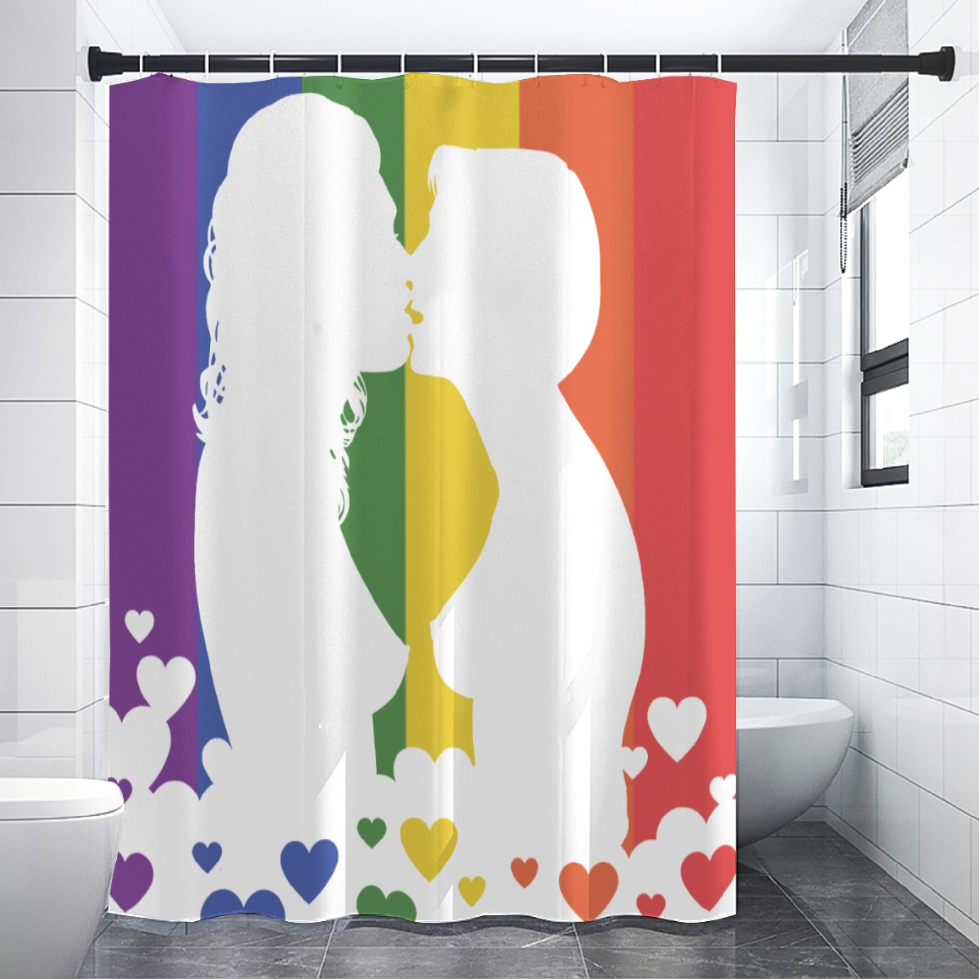 Pride flag, lesbian couple kissing shower curtain