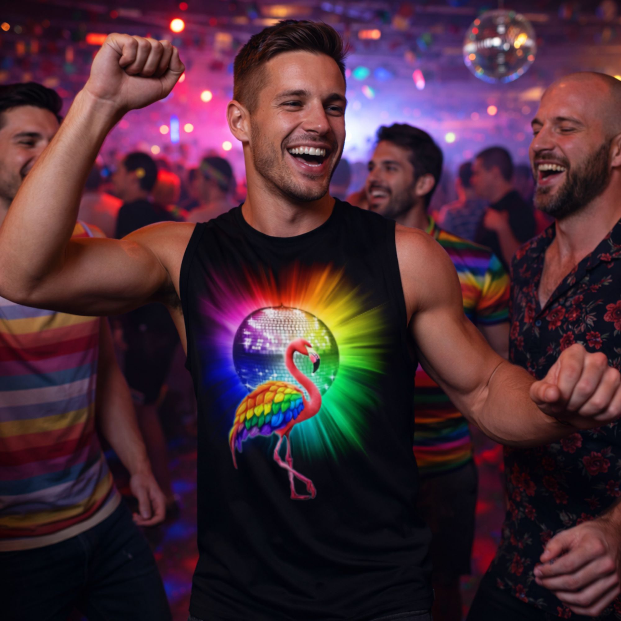 Rainbow Pride Flamingo Mirror Ball Tank Top