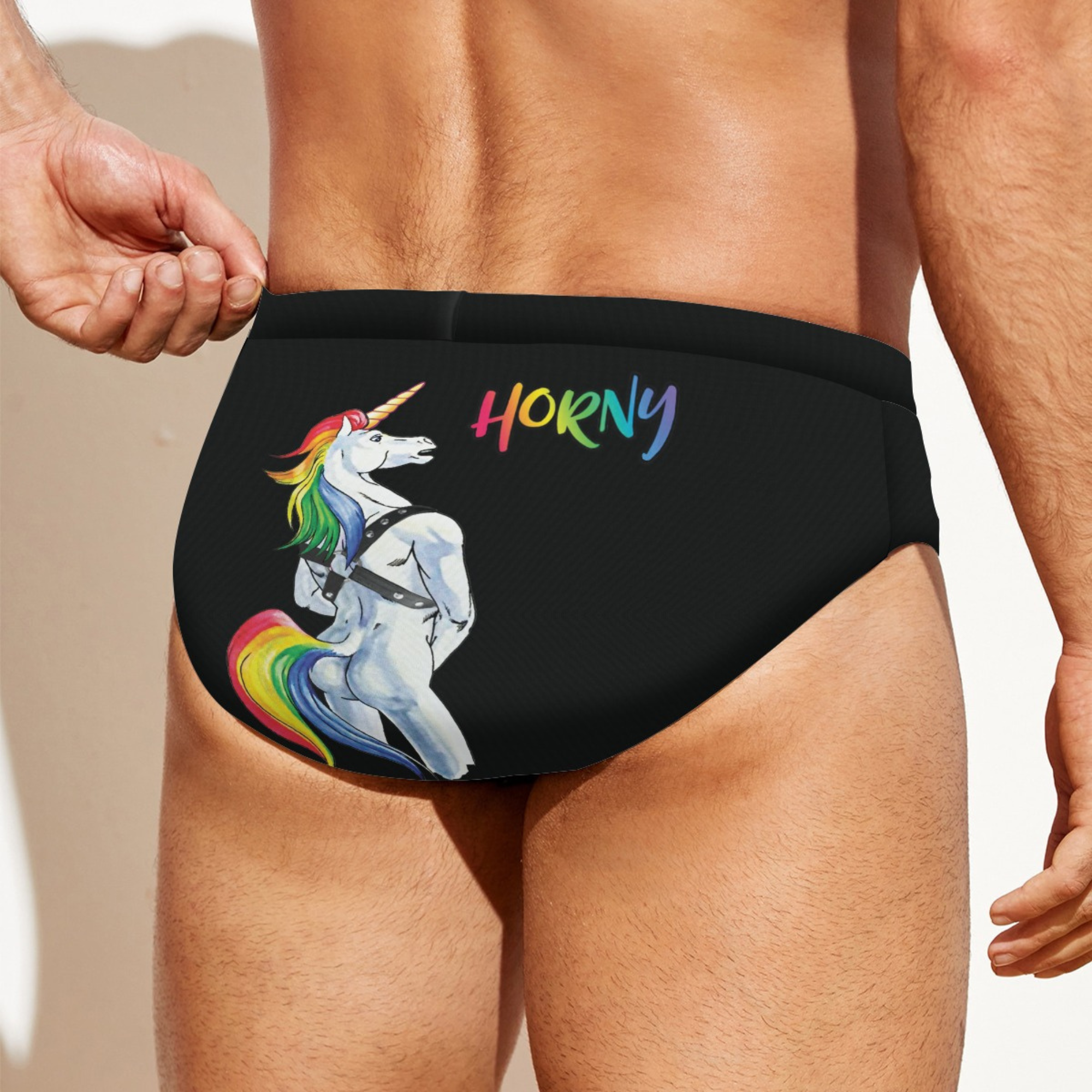 Horny Unicorn Swim Briefs – Funny LGBTQIA+ Swimwear